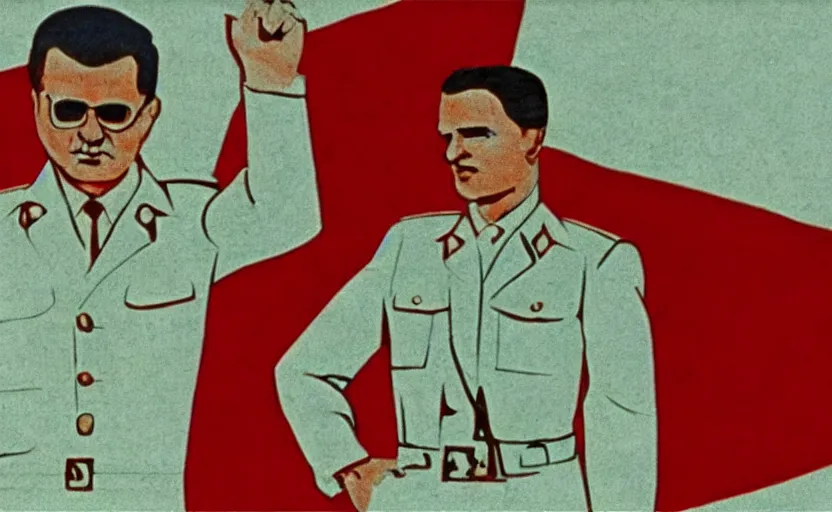 Prompt: 60s movie still of 60s soviet fresco representing Josip Broz Tito in front of a giant soviet flag heavy grainy picture, very detailed, high quality, 4k, HD criterion, precise texture