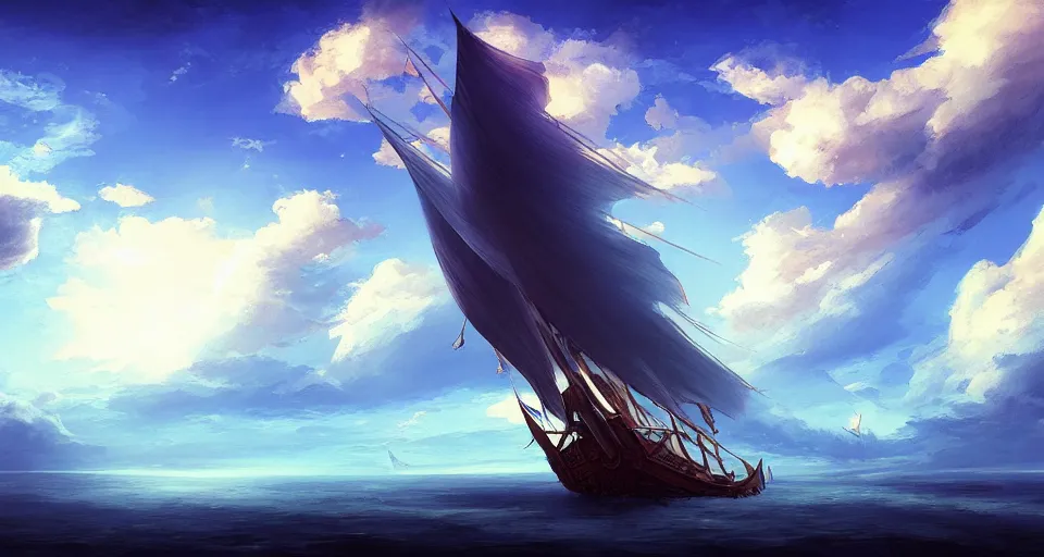 Image similar to a large wooden fantasy sky - ship with horizontal sails flying through the clouds with blue sky, andreas rocha style