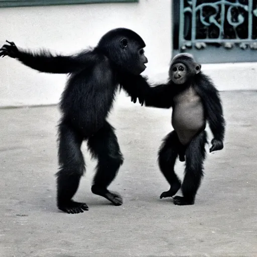 Image similar to a baby gorrila and a baby playing together, 1960s photography.