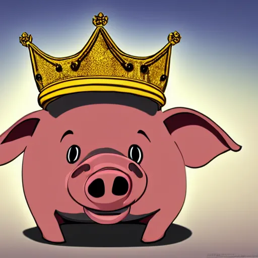 Image similar to concept sketch of a pig wearing a gold crown 1940s cartoon, super realistic, 8k