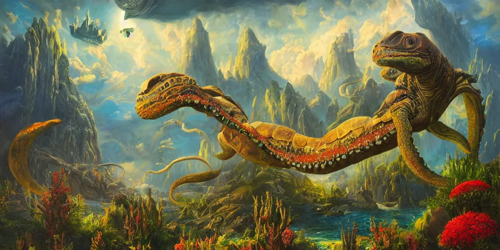 Image similar to fantasy oil painting, great leviathan, cybernetic turtle cephalopod terrapin reptilian pachyderm squid, bella hadid, hybrid, milla jovovich, anubis, epic natural light, lush plants flowers, spectacular mountains, bright clouds, luminous sky, outer worlds, golden hour, michael cheval, edward hopper, michael whelan, vray, hd