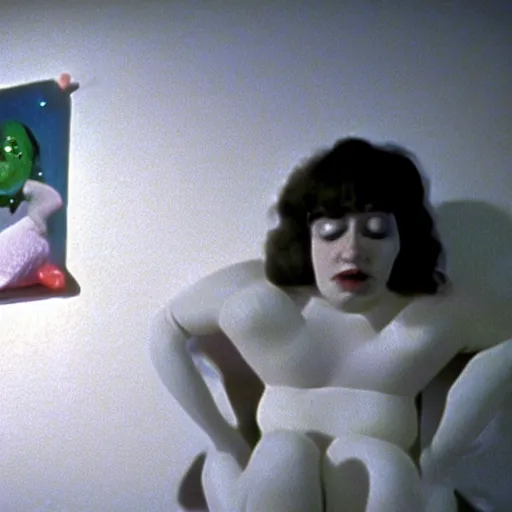 Image similar to still from a 1994 arthouse film about a depressed housewife dressed as a squishy inflatable toy who meets a handsome younger man in a seedy motel room, color film, 16mm soft light, weird art on the wall