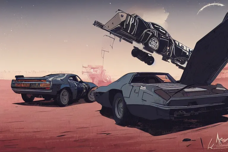 Prompt: digital illustration of mad max's testarossa pursuit special, by makoto shinkai, ilya kuvshinov, lois van baarle, rossdraws, basquiat