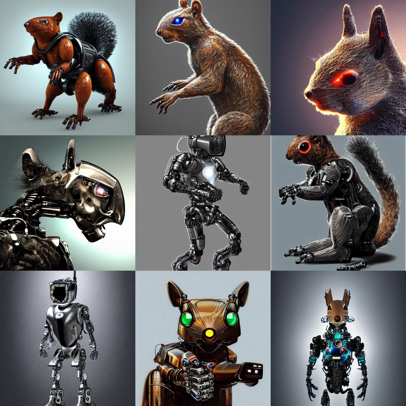 Prompt: a cybertronic robot terminator squirrel, leds, high detail, sharp, intricate, futuristic, studio, metal, digital art, bionic, concept art trending on artstation