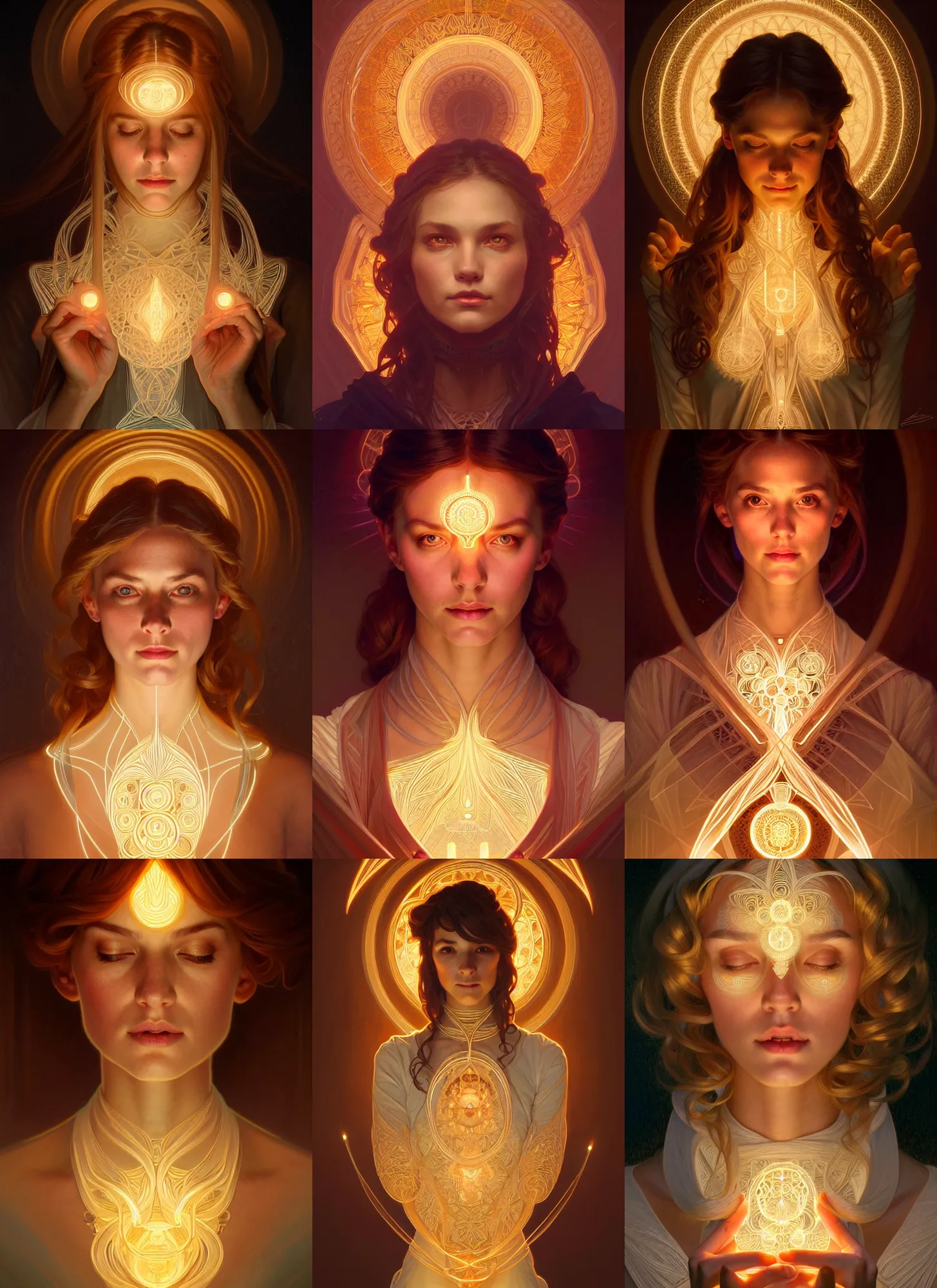 Image similar to symmetry!! portrait of a woman, cottagecore!!, glowing lights!! intricate, elegant, highly detailed, digital painting, artstation, concept art, smooth, sharp focus, illustration, art by artgerm and greg rutkowski and alphonse mucha