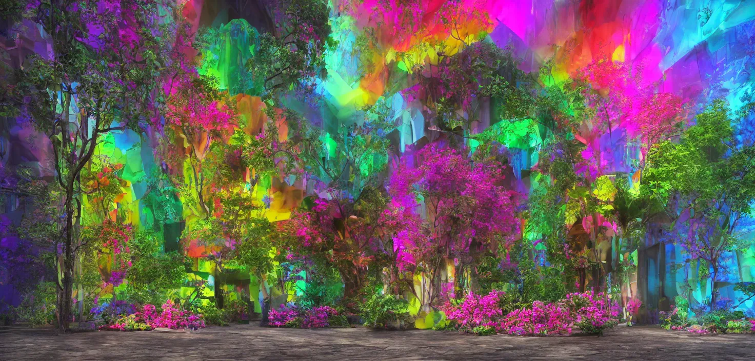 Prompt: Huge flowers growing on tree trunks and holes in buildings, deep colors, rainbow, vivid, brilliant, colored, bright, polychromatic, glowing neon, geometric, dark, mist Art of Illusion, Artrift, finalRender, Flickr, IMAX, Polycount, r/Art, shadow depth, Sketchfab, Sketchlab, Substance Designer, VRay, depth of field, subtractive lighting