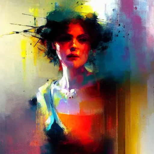 Prompt: abstract painting of a woman in bright colours by jeremy mann