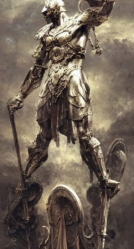 Image similar to zeus god, wearing thunder armor, greek ornamented armor, beksinski, ruan jia, weta workshop concept art