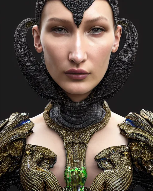 Image similar to a highly detailed metahuman 8 k close up render of bella hadid as a black snake renaissance in iris van herpen dress schiaparelli in diamonds crystals swarovski and jewelry iridescent in style of alphonse mucha gustav klimt trending on artstation made in unreal engine 4