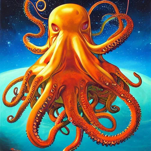 Prompt: an epic fantastic realism painting of a colossal octopus with looming glowing tentacles dripping uniquely colored star asterisms entirely under the glistening arctic moonlight by takashi murakami by ross tran by tim hildebrandt