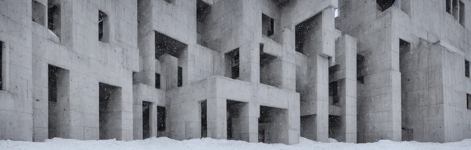 Prompt: snow falling on brutalist monastery, the monastery is on top of a black snowy mountain, the concrete monastery has walkways, skybridges, stairways, white marble statues on pedestals in the background, depth of field, sharp focus, clear focus, beautiful, award winning architecture, hopeful, quiet, calm, serene
