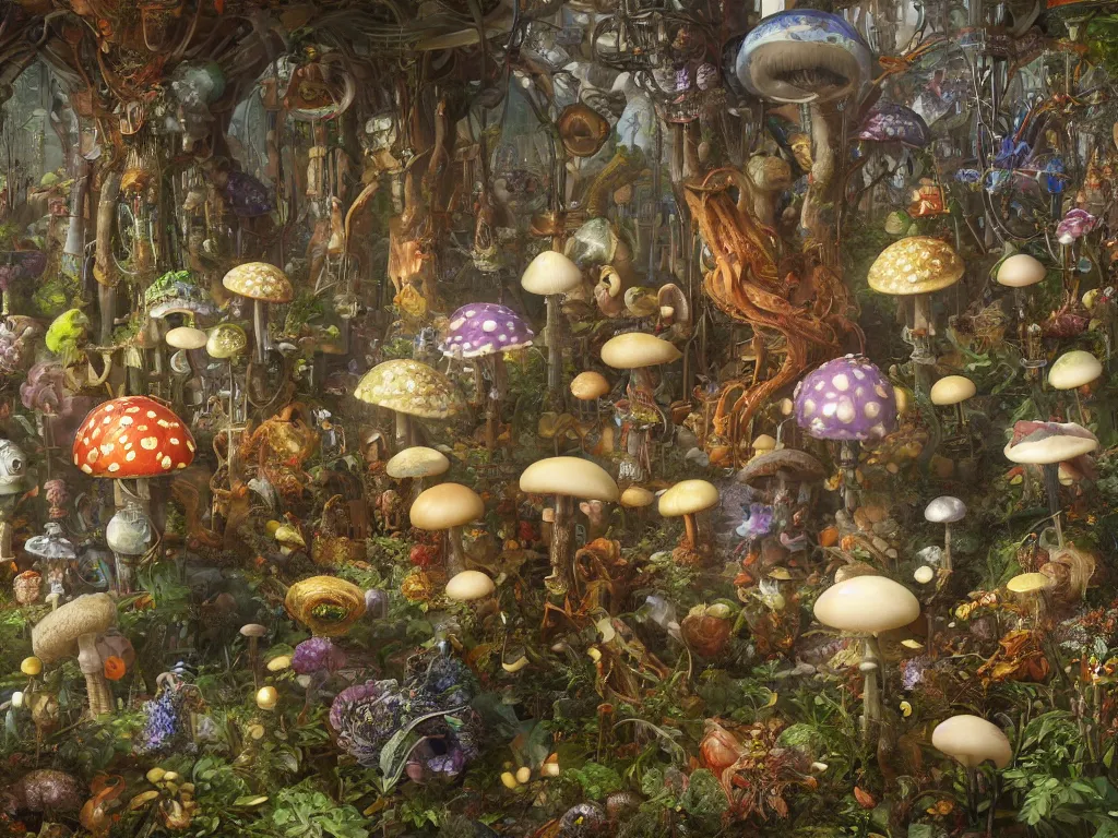 Prompt: victorian robots and mushrooms growing in a spheroid forest, 3d render, nightlight Study, by Jan Davidsz de Heem and Lisa Frank, Art Nouveau, 8k, extreme detail, sharp focus, cinema 4d render