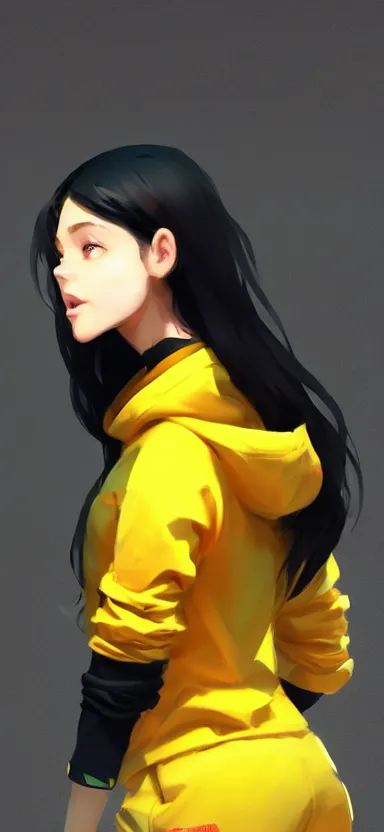 Image similar to a vtuber model concept art of a beautiful girl in a black and yellow hoodie, front view typing in an iphone, artstation, digital art, commission art, style by jordan grimmer and greg rutkowski, 4 k resolution