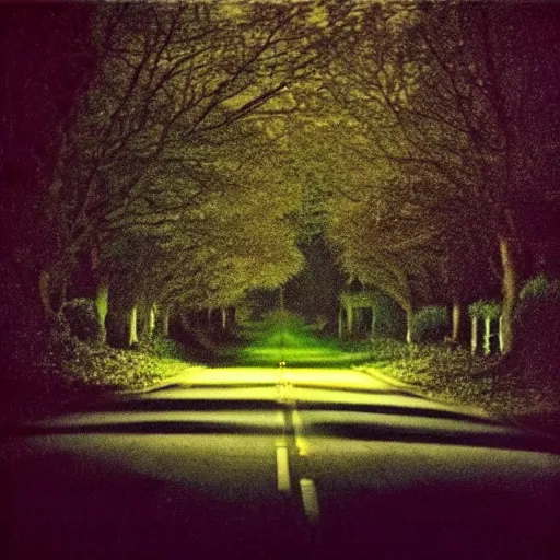 Image similar to Beautiful cameraphone 2000s, soft liminal Photograph of an estate road at night, hedge