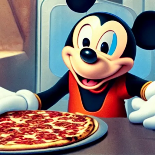 Prompt: film still of mickey mouse eating pizza in the new star wars movie, 4 k