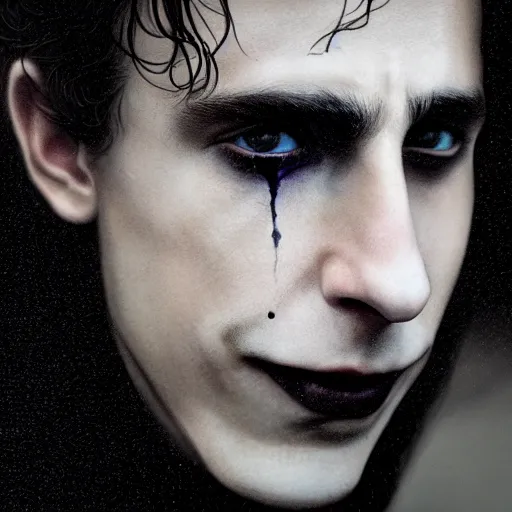 Image similar to cinematic portrait of timothee chalamet as the joker, perfect face, neon rain, moody, elegant, by alyssa monks, highly detailed, symmetrical face, fine details, masterpiece, trending on artstation