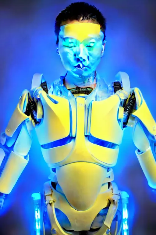 Prompt: hyperrealistic close-up blue glow exoskeleton!! sad chinese man covered highly detailed concept art eric zener elson peter cinematic side soft yellow light high angle hd 8k sharp shallow depth of field