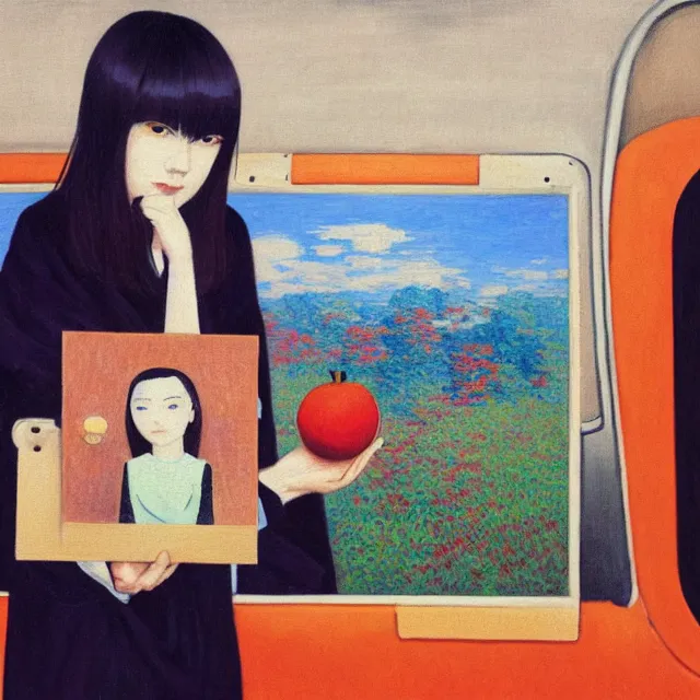 Image similar to tall emo girl artist holding small portraits and a persimmon on a train, on shinkansen in japan, odawara station, odawara castle, autumn leaves, pigs, octopus, acrylic on canvas, surrealist, by magritte and monet