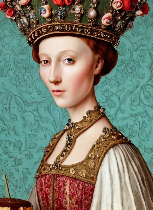 Image similar to closeup medieval jan van eyck face portrait of a fairytale princess wearing a crown eating cakes in the castle, bikini, depth of field, zeiss lens, detailed and intricate environment, fashion photoshoot by nicoletta ceccoli, mark ryden, lostfish, breathtaking, 8 k resolution, extremely detailed, beautiful, establishing shot, artistic, hyperrealistic, octane render