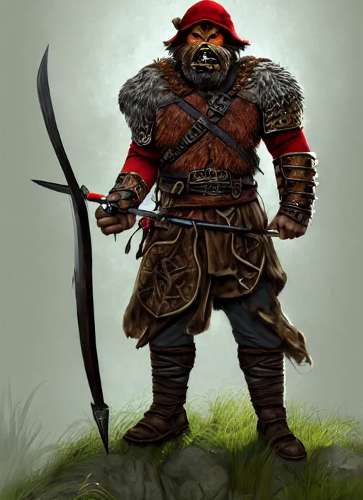 Image similar to strong young man, photorealistic bugbear ranger holding a flaming sword, black beard, dungeons and dragons, pathfinder, roleplaying game art, hunters gear, jeweled ornate leather and steel armour, concept art, character design on white background, by alan lee, norman rockwell, makoto shinkai, kim jung giu, poster art, colours red and green