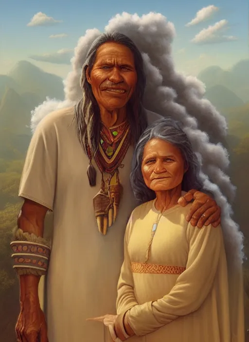 Image similar to portrait of an indigenous grandfather and grandmother in the clouds, smiling, protection, benevolence, ancestors, art by christophe vacher