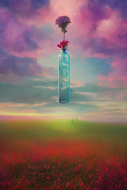 Image similar to giant perfume bottle in flower field, surreal photography, sunrise, dramatic light, impressionist painting, colorful clouds, digital painting, artstation, simon stalenhag