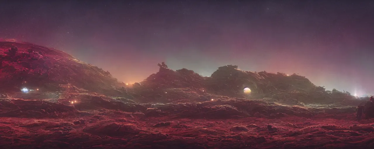 Prompt: ” barren landscape at night, [ cosmic, cinematic, detailed, epic, widescreen, opening, establishing, mattepainting, photorealistic, realistic textures, octane render, art by slop and paul lehr ] ”