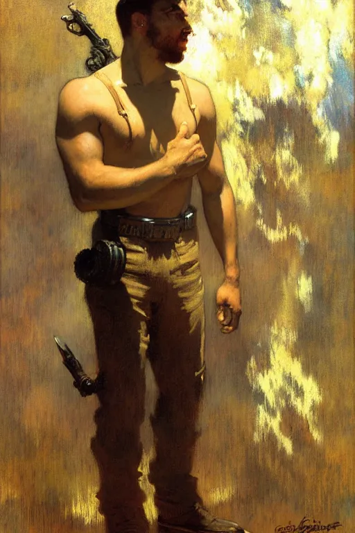 Image similar to fallout, attractive male, cool tint, painting by, gaston bussiere, craig mullins, j. c. leyendecker, edgar degas