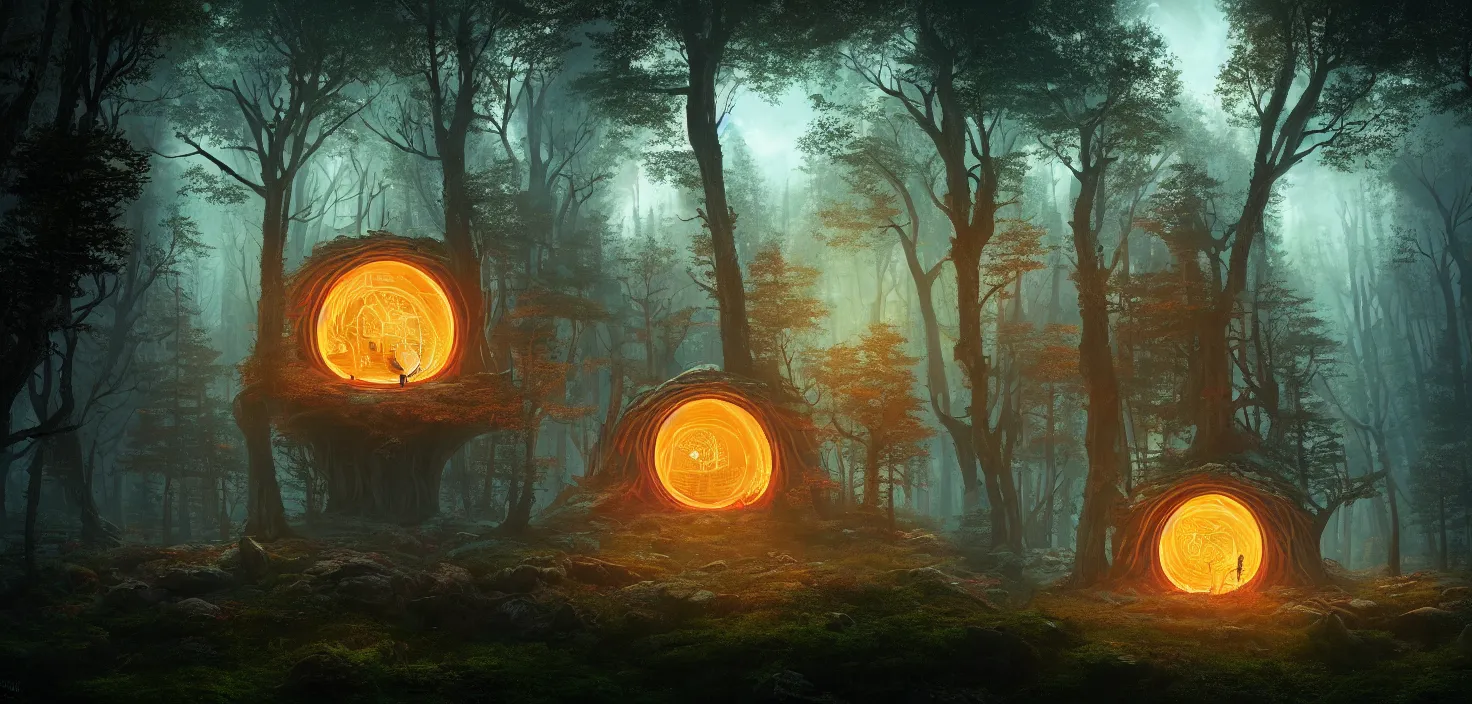 Image similar to random scary forest house landscape, big round glowing multicoloured portal house, central symmetrical composition, incredible, vector art, octane render, fabulous, hyper detailed, random cinematic view, no noise, global illumination, warm lighting, volumetric, godrays, vivid, beautiful, by jordan grimmer