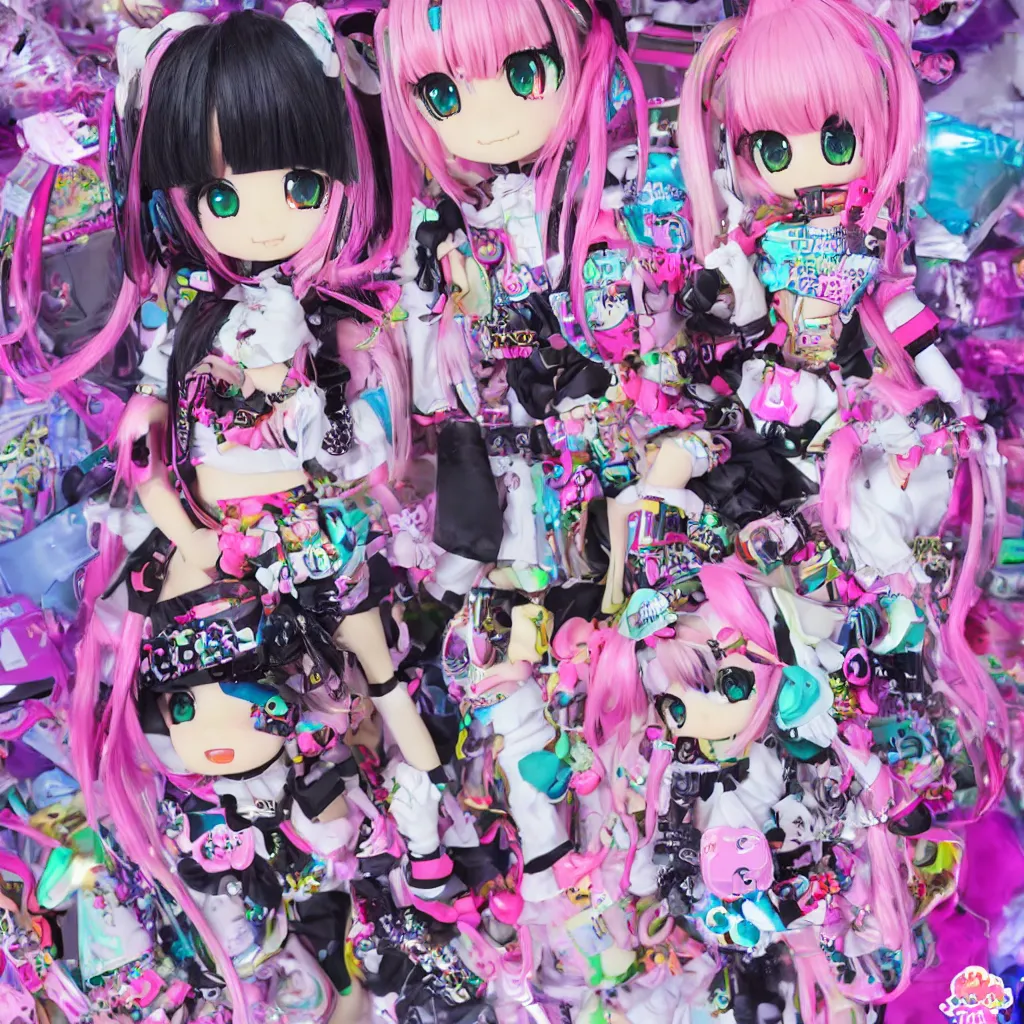 Image similar to 3 d anime render of a decora gyaru kawaii cybergoth emo fashion model vtuber, in a cyberpunk blade runner maximalist city of my melody sanrio plushies, artstation cgsociety