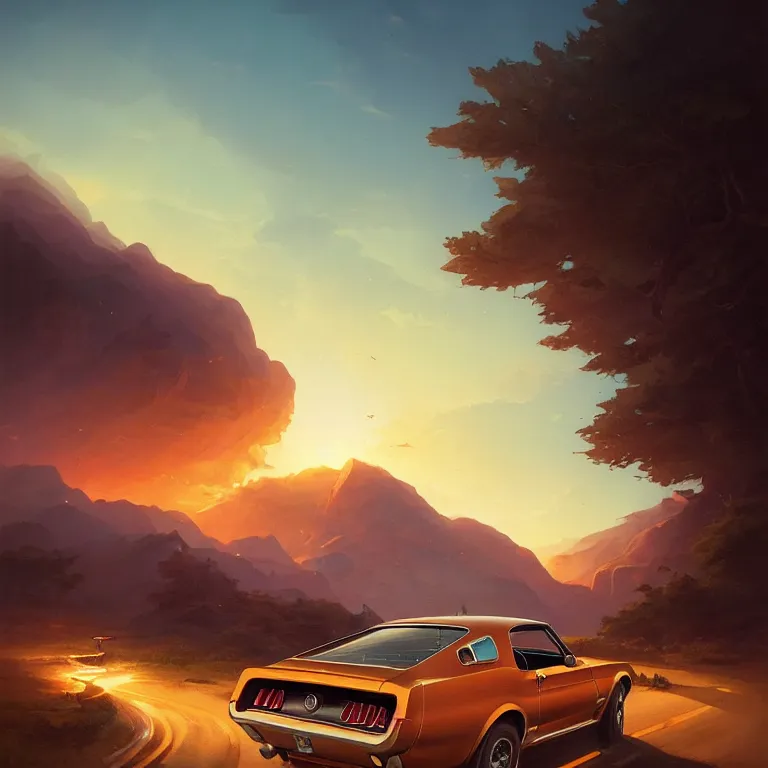 Image similar to view from behind a 1 9 6 8 mustang driving down a country road, coriolios rpg art style, full of details, warm sunset colors, matte painting, artstation, 8 k, hyperrealistic, style of peter mohrbacher, album cover