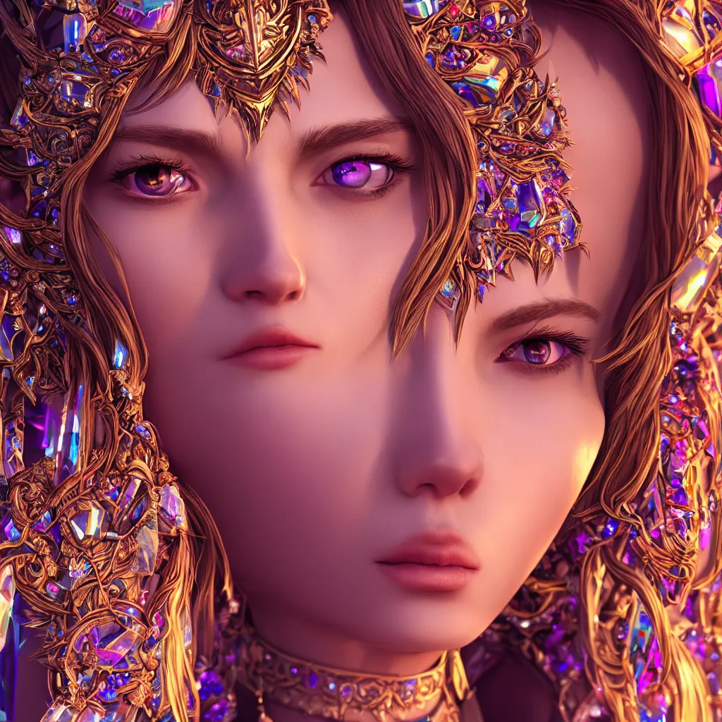 Image similar to close up face portrait highly detailed beautiful symmetrical face high priestess intricate elegant detailed crystal jewellery with tribal feathers, lush colourful volumetric lighting, anime digital painting, concept art, smooth, sharp focus 3 d, divine realm of gods, realistic cinematic style, octane render, photographic, unreal engine 8 k