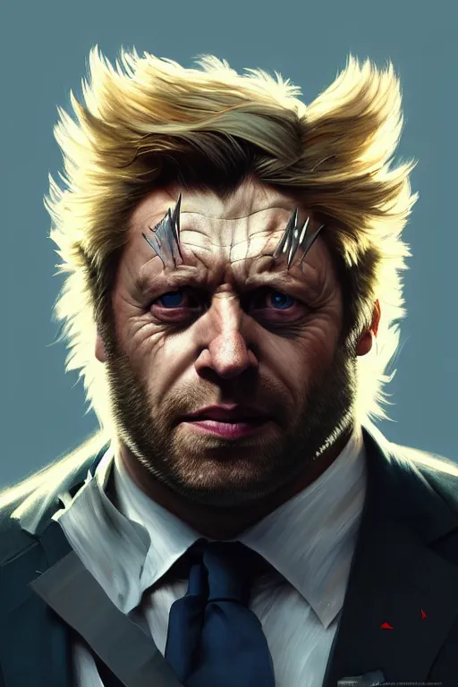 Image similar to Boris Johnson as Wolverine, portrait, X man costume, highly detailed, digital painting, artstation, concept art, smooth, sharp focus, illustration, cinematic lighting, art by artgerm and greg rutkowski and alphonse mucha