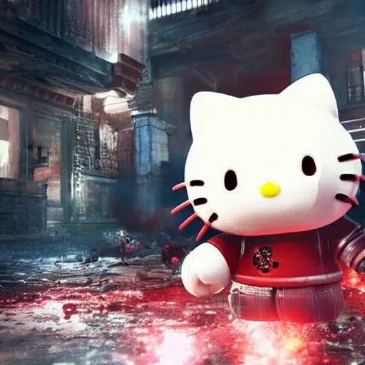 Prompt: Hello Kitty in Gears of War, splash art, movie still, detailed face, cinematic lighting, color, dramatic, octane render, long lens, shallow depth of field, bokeh, anamorphic lens flare, 8k, hyper detailed, 35mm film grain