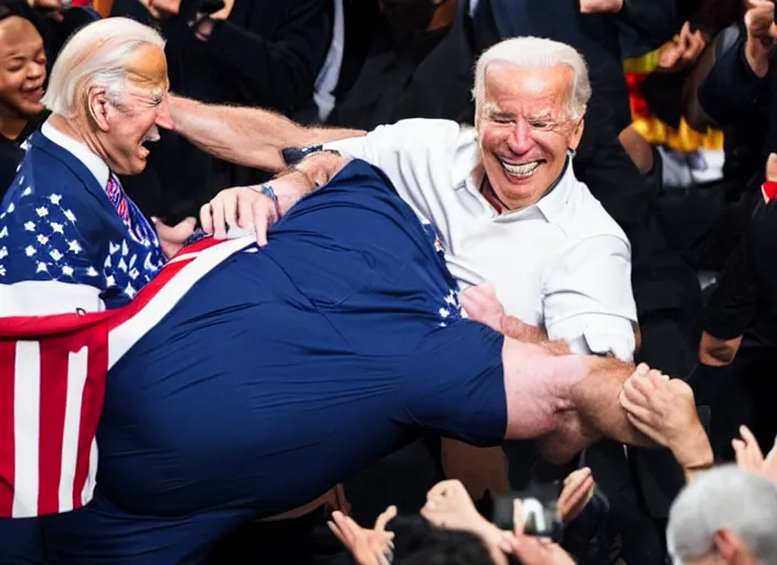 Image similar to Joe Biden kicks a fat man in the face, 8K, high quality, highly detailed