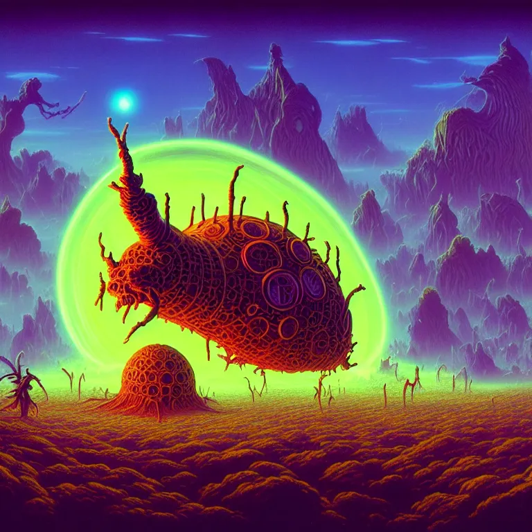 Image similar to aggrgoth styled, strange mysterious creatures, infinite quantum portal, synthwave, bright neon colors, highly detailed, cinematic, panoramic, tim white, michael whelan, roger dean, bob eggleton, chris foss, vladimir kush, kubrick, kimura, isono