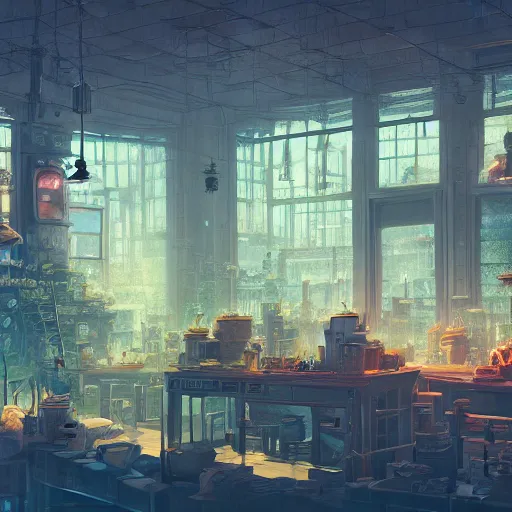 Image similar to beautiful render of chemical woekshop,victorian by victo ngai and andreas rocha and greg rutkowski, Trending on artstation,unreal engine,8k hd wallpaperjpeg artifact,blur,artfact ,