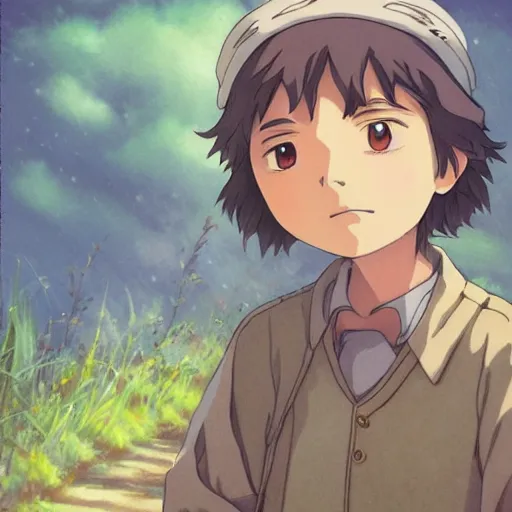 Prompt: friendly boyand small creature , with Fragile looking character portrait face made in Studio Ghibli artstyle ,highly detailed art, beautiful scene, sharp focus, smooth, 8k, anime art, fantasy, style in ghibli anime