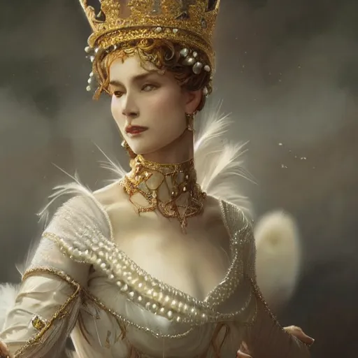 Image similar to a realistic queen with a decorated dress made of white pearls and white plumes of swan, highly detailed, digital painting, Trending on artstation , HD quality, by artgerm and greg rutkowski and alphonse mucha, dramatic light, octane