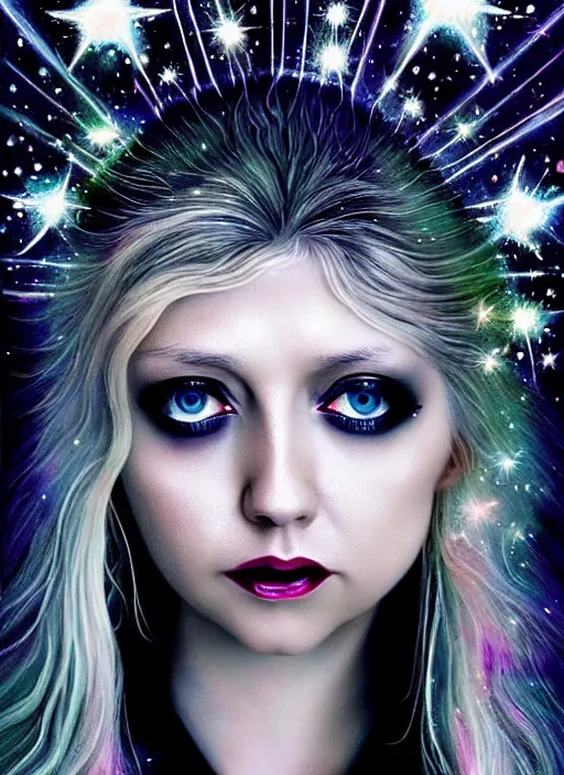 Prompt: elegantly disdainful. Taylor Momsen as empress of pulsar stars. ultra detailed painting at 16K resolution and amazingly epic visuals. epically beautiful image. amazing effect, image looks gorgeously crisp as far as it's visual fidelity goes, absolutely outstanding. vivid clarity. ultra. iridescent. mind-breaking. mega-beautiful pencil shadowing. beautiful face. Ultra High Definition. godly shading diffusion. amazingly crisp sharpness. photorealistic 3D rendering on film cel processed twice..