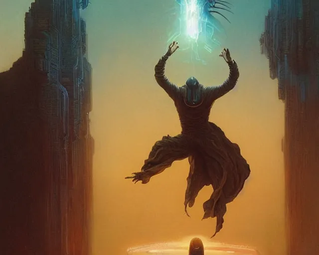 Image similar to a man falling into a tesseract, sci - fi, cyberpunk, dune movie, ridley scott, denis villeneuve, painted by zdzislaw beksinski and artgerm and greg rutkowski and alphonse mucha