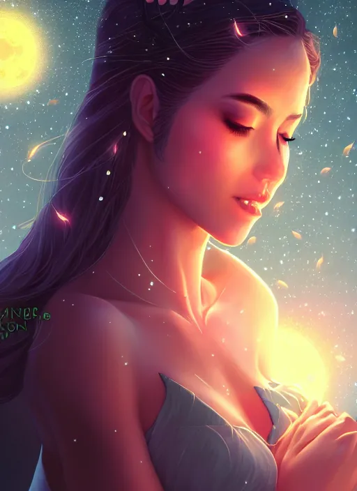 Image similar to queen of the night surrounded by fireflies with the fullmoon in the background, highly detailed, artgerm style, artstation, soft light, sharp focus, illustration, character design, concept art