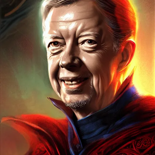 Prompt: full head portrait of jimmy carter as Dr Strange, fantasy, intricate, elegant, digital painting, trending on artstation, concept art, sharp focus, illustration by Gaston Bussiere, 4k.