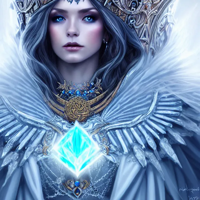 Prompt: beautiful cryromancer ice queen with ornate cloak and crown, highly detailed, 4 k, hdr, smooth, sharp focus, high resolution, award - winning photo, artgerm, photorealistic