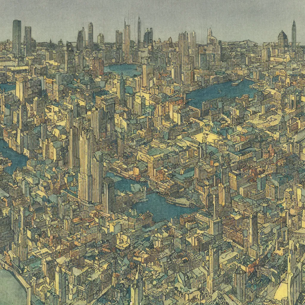 Image similar to highly detailed illustration of the milwaukee skyline, by edmund dulac and android jones, scans from museum collection