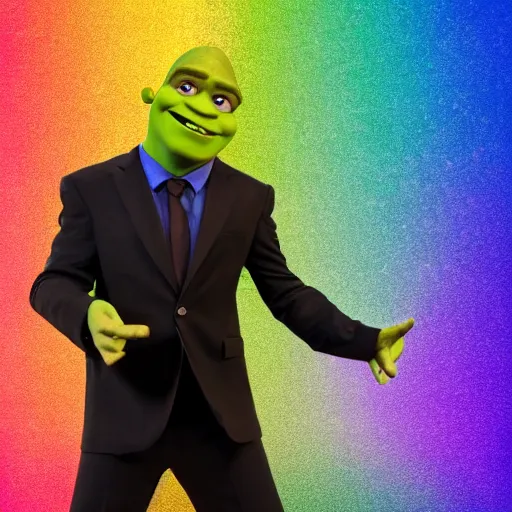 Prompt: Shrek performing Never Gonna Give You Up, singing into a microphone while dancing, black suit, striped shirt, light background, full color photograph, 4k