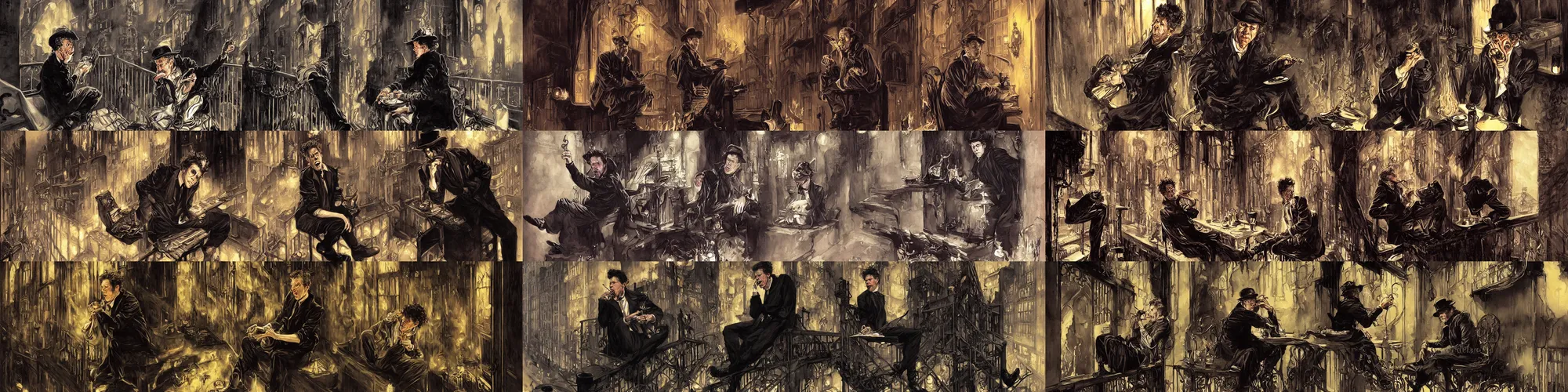 Prompt: character portrait of a cartoonish tom waits sitting down on a fire escape eating dinner in gothic london, gothic, john singer sargent, muted colors, moody colors, illustration, digital illustration, amazing values, art by j. c. leyendecker, joseph christian leyendecker, william - adolphe bouguerea, graphic style, dramatic lighting, gothic lighting