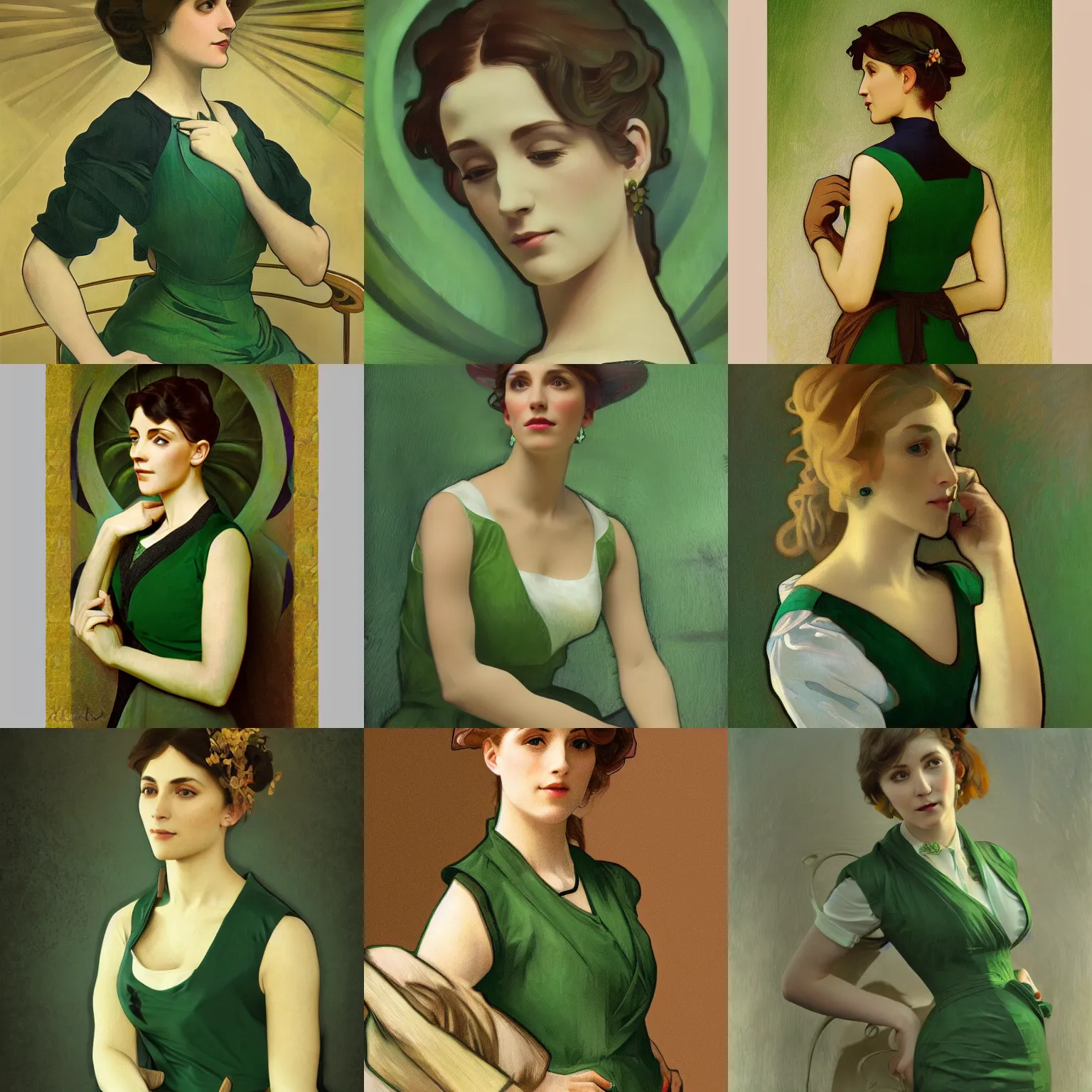 Prompt: elegant woman in green vest, picasso, as seen on artgerm, octane render, in the style of alphonse mucha, ultra realistic, highly detailed, 8 k