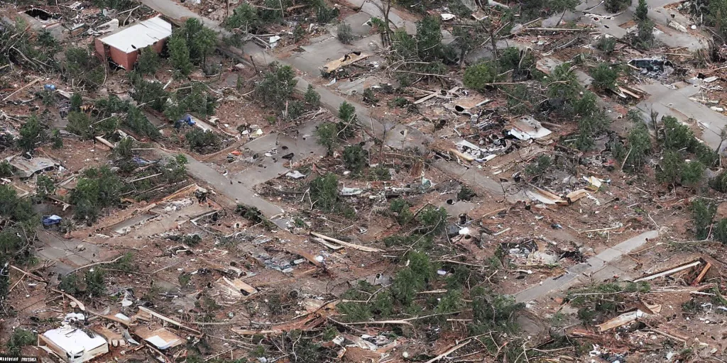 Prompt: the tornado left a trail of destruction with considerable damage not only to buildings and infrastructure but also in the forests in the metropolis oklahoma city, dramatic, catastrophic, photography