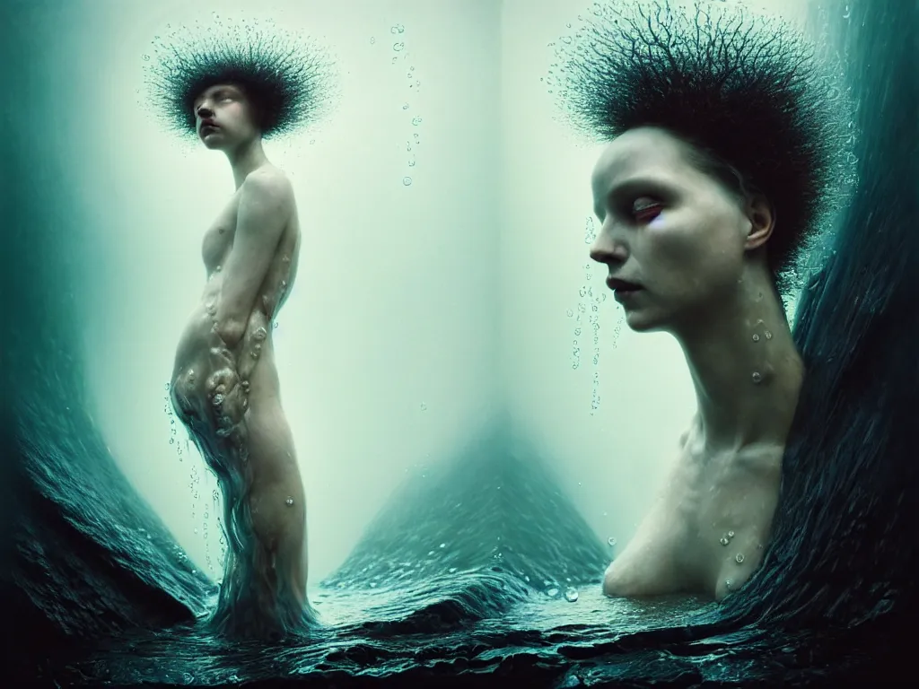 Image similar to kodak portra 4 0 0 fine art portrait by paolo roversi of a dystopian woman hybrid fluid water statue in a scenic dystopian environment, fluid water hair floating in air, dreamy intricate, elegant, highly detailed, digital art, artstation, smooth, sharp focus, tomasz alen kopera, peter mohrbacher, donato giancola, dreamy colors